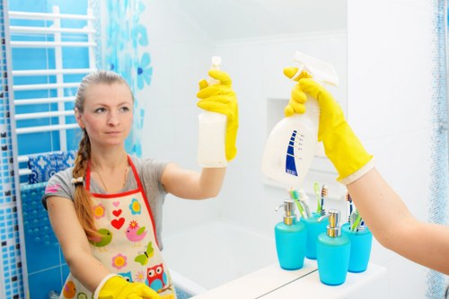 Professional cleaner in Barnes cleaning a modern living room