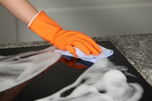 Professional office cleaners working in a Barnes workplace