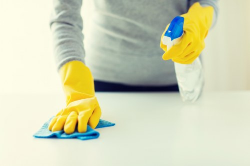 Carpet cleaning team applying safe working practices in a domestic interior